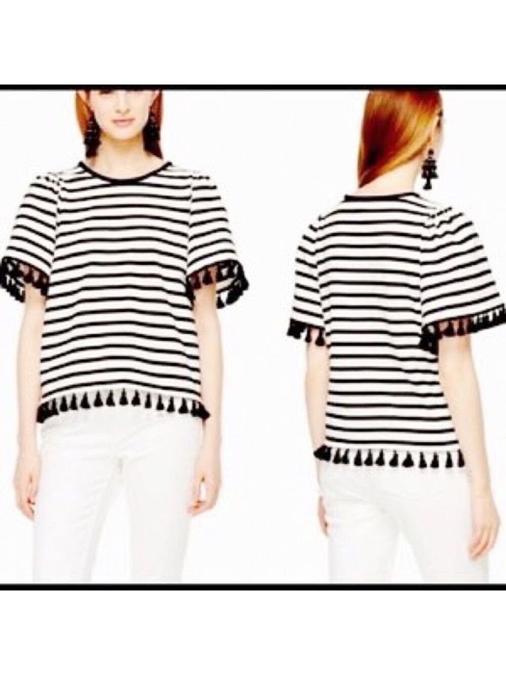 Kate Spade Broome Street Striped Puff  Sleeve Tassel Hem Top Sz Small